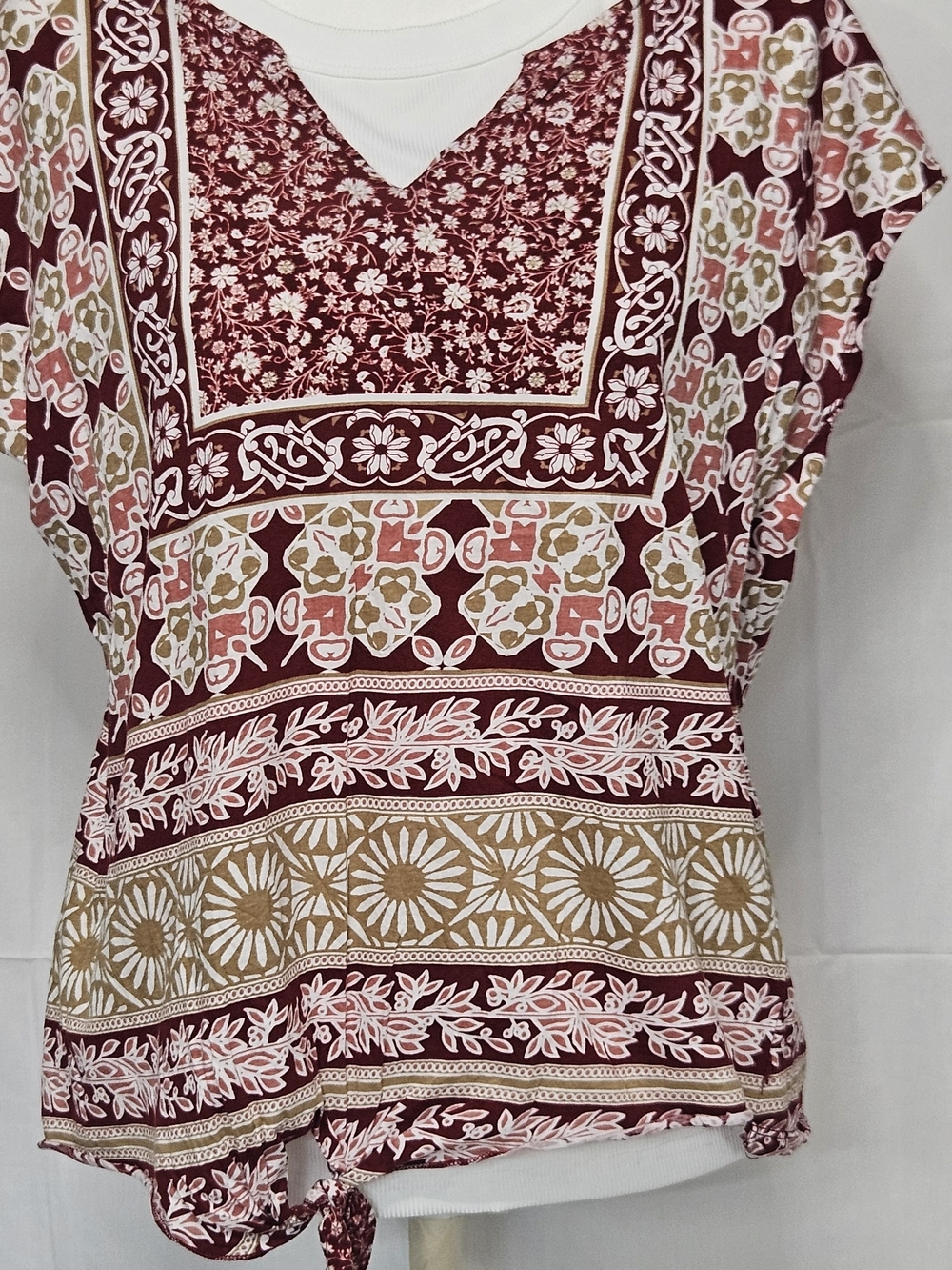 ONE WORLD Burgundy and Tan Boho V-Neck Tunic